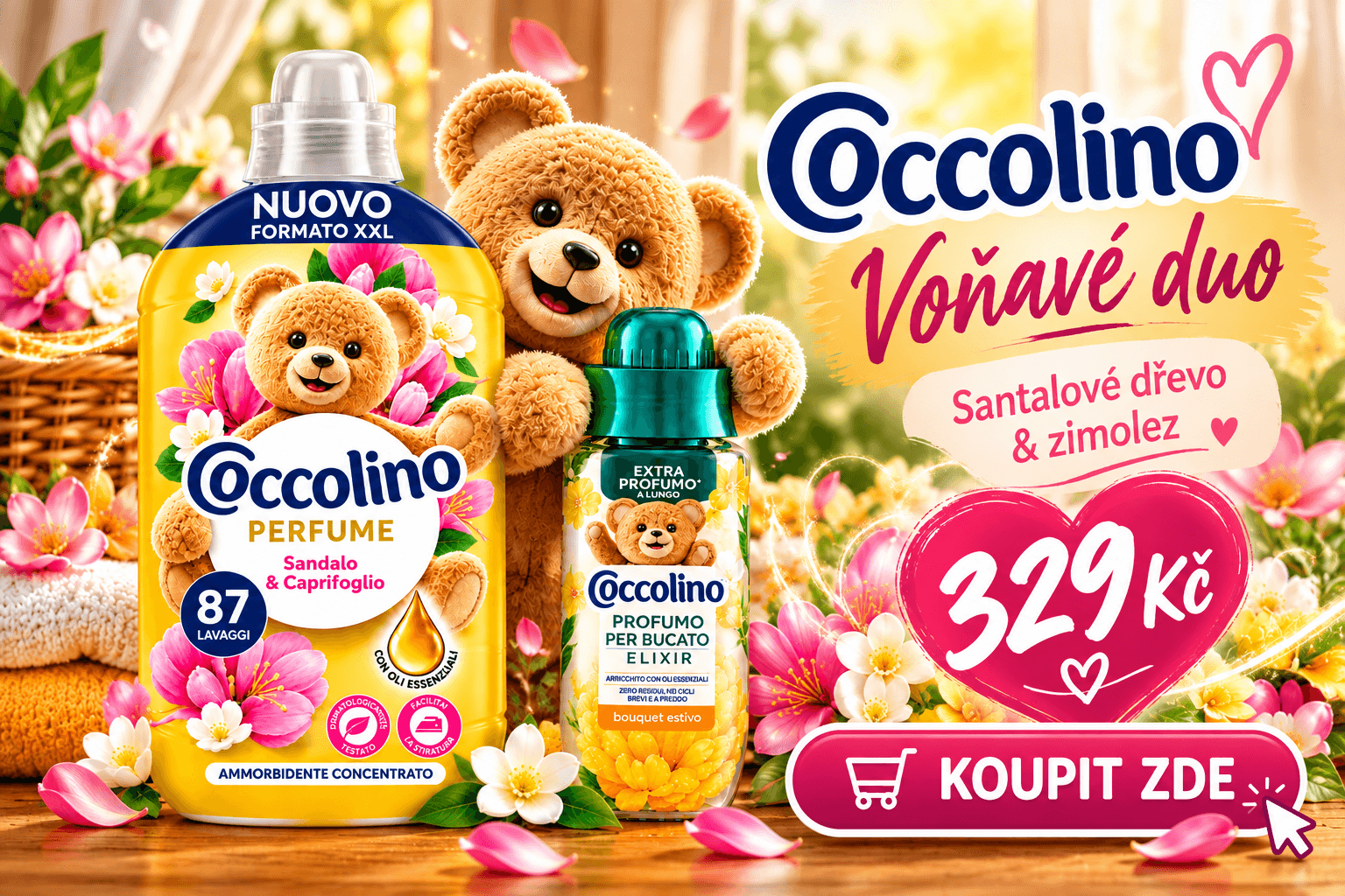 Coccolino žluté Voňavé duo – aviváž Sandalo & Caprifoglio 1827 ml a parfém na prádlo Bouquet Estivo 342 ml za 329 Kč