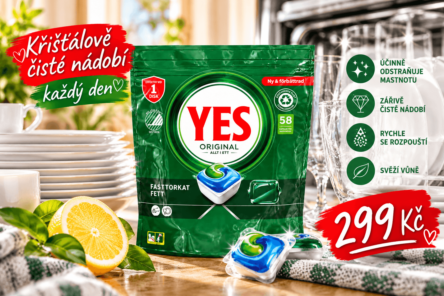 YES Original kapsle do myčky nádobí 58 ks za 299 Kč – Drogerie ArLen